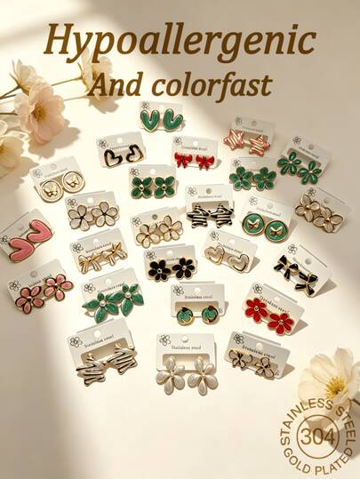 1/12 Pairs Random Style Stainless Steel Oil Drop Stud Earrings Set, Hypoallergenic Non-Fading Vintage Preppy Style Daily Party Birthday Gift Jewelry