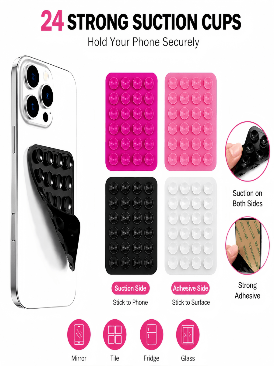 8PCS Multifunctional Silicone Phone Holder , Double-Sided 24 Suction Cups Design, Strong Adhesive Anti-Shake Washable Hands-Free Mount, Perfect For Selfie Recording, Travel Camping & Daily Makeup Use