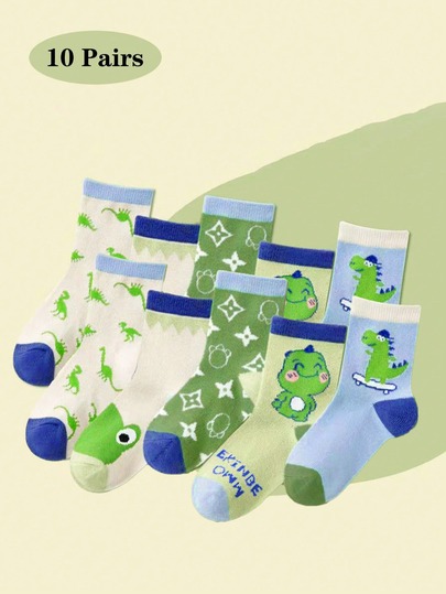 5 Pairs/10 Pairs Boys Cute Cartoon Dinosaur Mid-Calf Socks, Colorful Patchwork Soft Breathable Crew Socks, Suitable For Children Spring Summer Autumn Daily Wear