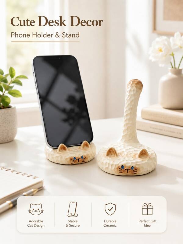 1pc Cream Style Siamese Cat Shaped Desktop Phone Holder, Creative Phone Stand/Vase Decor 2-In-1, French Style Living Room Entryway Bedroom Desktop Floral Decoration, Suitable For Watching Movies, Desktop Storage, Atmosphere Arrangement And Daily Home Decor
