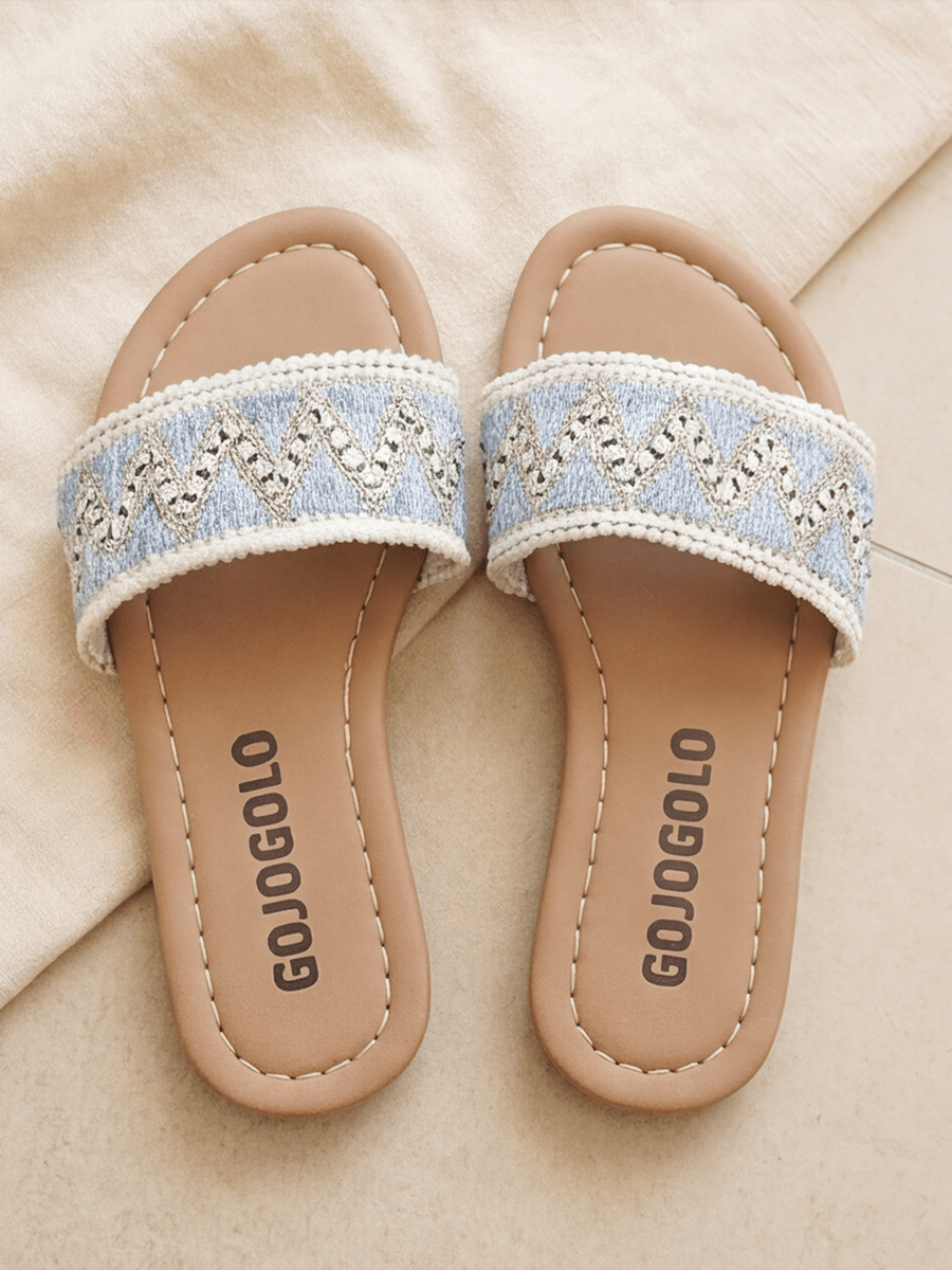 Popular Best-Selling Light Blue Kids Flip Flops, Embroidered Wave Pattern, Wide Fabric Strap, Street Casual Style - Blue - View 2