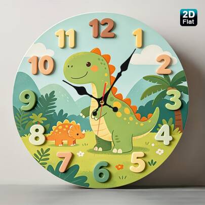 Wooden Wall Clock-2D Flat 1pc Dinosaur Triceratops Jungle Mountain Art Print Decorative Printed Lightweight Indoor Easy To Install Battery Operated Silent Wall Clock Non-Ticking Easy To Read Round Wall Clock For Home Office Kitchen Bedroom Living Roo