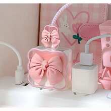 Cute Pink Bowknot Decorated Data Cable Protector, Compatible With Apple 18/20W Charger Protective Case, Data Cable Protector Bite Device - Pink - View 3