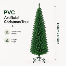 4英尺/5英尺 PVC人造聖誕樹，綠色纖細鉛筆型聖誕樹附穩定底座，省空間節慶裝飾樹，適用小空間、公寓、臥室、辦公室與居家裝飾 - 綠色 - 查看 10