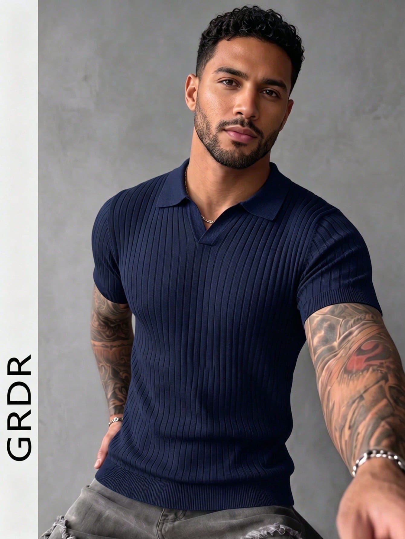 GRDR Suéter de punto de manga corta con cuello de aviador estriado de unicolor para hombre, adecuado para salidas de verano, esencial para un estilo de moda