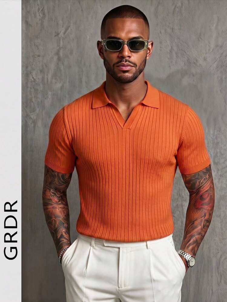 GRDR Suéter de punto de manga corta con cuello polo de unicolor para hombre, adecuado para salidas de verano, esencial para un estilo de moda - Naranja - Añade 2
