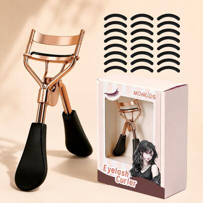 MONKIDS Portable Eyelash Curler With 24 Silicone Pads + Exquisite Paper Box, Stainless Steel Eyelash Curler, No Damage To Eyelashes, For Eyelash Extension, Curling Eyelashes Tool, Eyelash Lifting, Big Eyes, Suitable For Women's Eyelashes