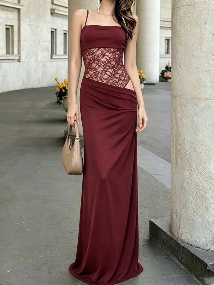 Summer Elegant Contrast Color Lace Patchwork Slim Fit Party Banquet Long Dress For Women - Burgundy - View 1