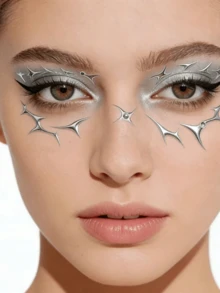 3/1pc Metallic Silver Starburst Face Sticker - Cyberpunk Y2K Decorative Decal, Waterproof Sticker Suitable For Halloween, Cosplay, Festivals And Carnival Parties, Futuristic Alien Eye Decoration, Easy To Apply And Remove, Long-Lasting Shiny - Multicolor - View 2