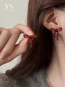 1pair Bow Line Butterfly Earrings, Burgundy Color For Autumn/Winter, Business, Casual And Daily Wear Valentines - Red - View 5