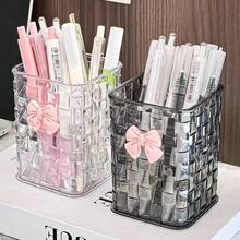 Acrylic Desktop Pen Holder - Transparent Pencil Storage Box, Makeup Brush Cup - Decorated With Bow - Back To School Accessory, Teacher's Day Gift (Transparent) - Pen Holder - View 1