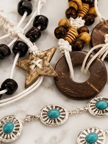 Boho Handmade Beaded Waist Chain Belt Set Star & Shell Pendant Braided Cord Belt Vintage Turquoise Stone Silver Chain Belly Belt Women Summer - Belt - View 4