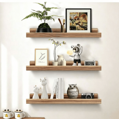3pcs Vintage Wooden Floating Shelves, Wall Decor Display Rack With Guardrail, Bathroom Kitchen Storage Shelf, Modern Bedroom Living Room Decorative Photo Frame