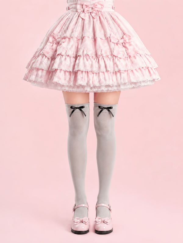 1 par de calcetines altos hasta el muslo de color gris claro para mujer con detalle de lazo negro, medias suaves y elásticas por encima de la rodilla para atuendos de falda dulce