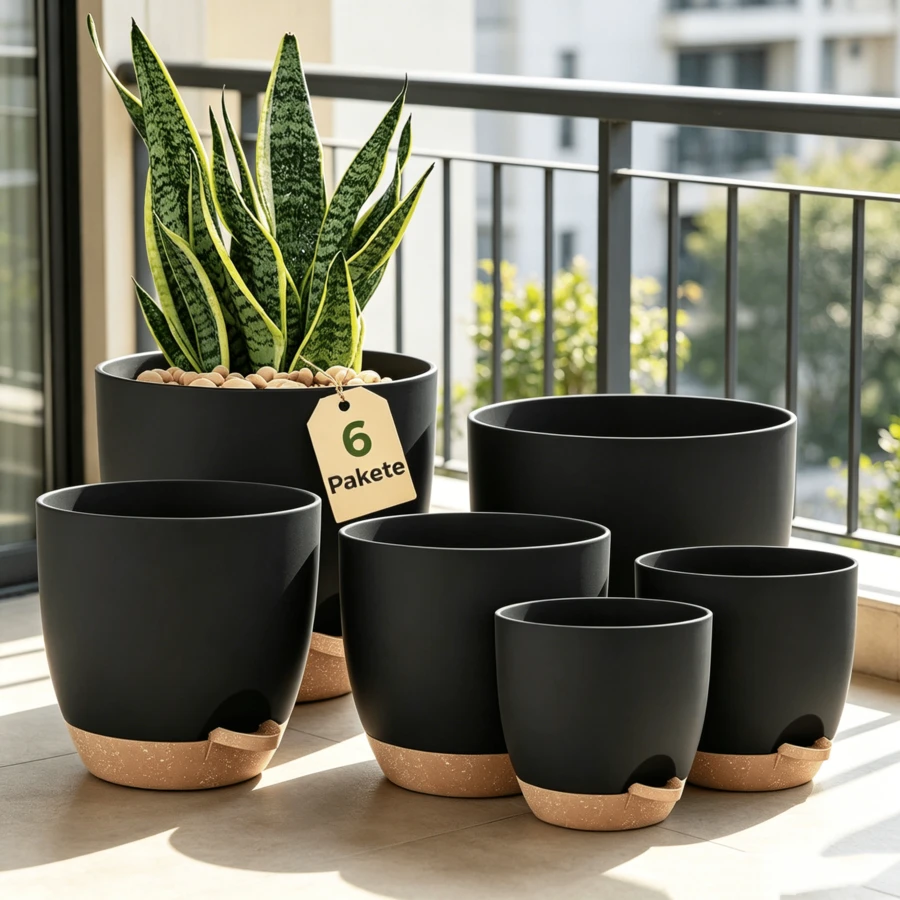 6er Set schwarze selbstbewässernde Blumentöpfe mit Untersetzer, 6 Größen 12,7–20,3 cm, Anzuchtkästen für Zimmerpflanzen Fensterbankdekoration - 6 Stück - Übersicht 1