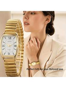 Women's Vintage Business Casual Quartz Watch - Elegant Barrel-Shaped Dial, Elastic Band, Minimalist Fashion Wristwatch For Daily Office & Daily Wear - 金色 - 查看 9