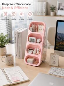1/2/3pcs Pink/White Desktop Storage Box + 2 Transparent Single Compartment Storage Box/Set, Large Capacity Partitioned Marker Storage Rack, Multi-Functional Stationery Storage Box, Visible Transparent Desktop Organizer, Thickened Durable Classificati - Type a - View 8