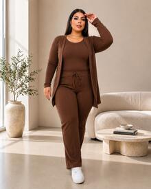 Women's Plus Size 3-Piece Knit Set For Winter: Cardigan, Tank Top, Jogger Pants, Black, Brown, Wine, Gray - Winter Fashion 2026 - 鏽棕色 - 查看 3