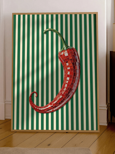 1 pièce Art mural sur canevas, Décoration murale encadrée, Design de piment, Accent mural d'épices de cuisine, Motif rayé vert, Art mural de cuisine moderne, Illustration alimentaire vintage, Piment, Décoration de maison à la mode, Décoration d'appartement de fille, Décoration de chambre esthétique, Décoration de dortoir, Décoration de chambre à coucher, Décoration de salon, Décoration de salle de bain, Décoration de cuisine, Décoration de salle à manger, Cadeau pour la maison