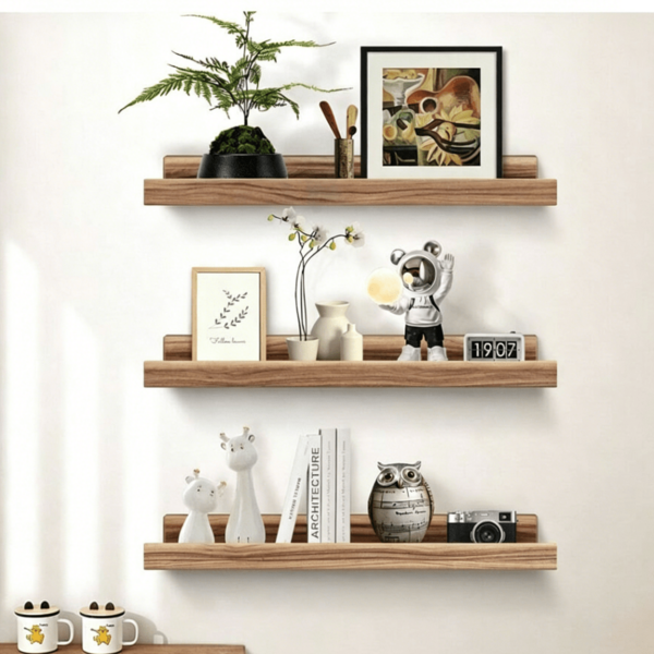 3 piezas Estantes flotantes de madera vintage, estante de exhibición de decoración de pared con barandilla para baño y cocina, marco de fotos decorativo moderno para dormitorio y sala de estar