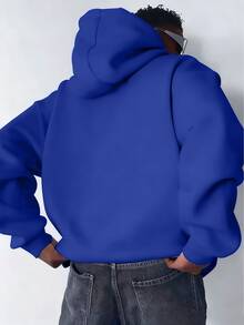 Men's Autumn/Winter Casual Fashion Minimalist Daily Commute Solid Color Kangaroo Pocket Drawstring Hooded Sweatshirt - Blue - View 2