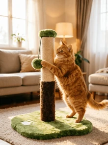 Sisal Cat Scratching Post, Wear-Resistant And Scratch-Resistant To Protect Furniture, Stable Base Preventing Tipping, Paired With A Teasing Pom-Pom For Cats, Serving Both Claw Sharpening And Play Purposes - Multicolor - View 2