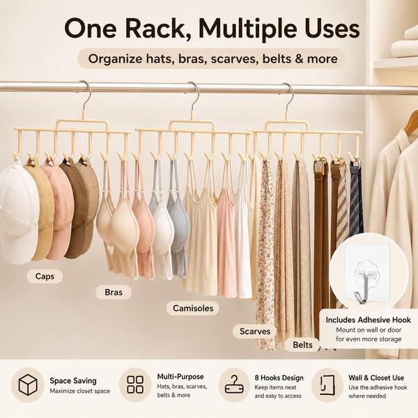 2pcs Set 8-Hook Closet Storage Rack, Space-Saving Clothes And Hat Organizer, With Adhesive Wall Hooks, Multi-Purpose Closet Storage, Can Store Hats, Bras, Scarves, Belts And Accessories.