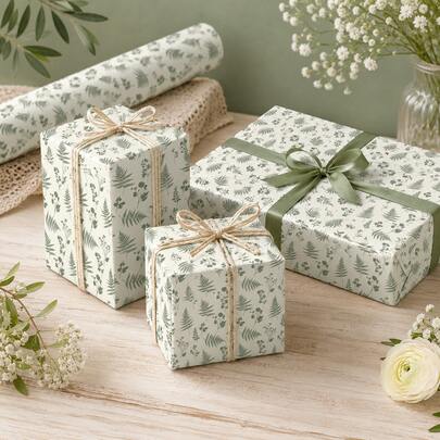 5m/16.4ft Roll Wrapping Paper, Gift Wrapping Paper, Green Fern Pattern, Matte, Coated Paper, 43cm X 500cm, Suitable For DIY, Best Friend Gathering, Birthday Party, Holiday Decoration