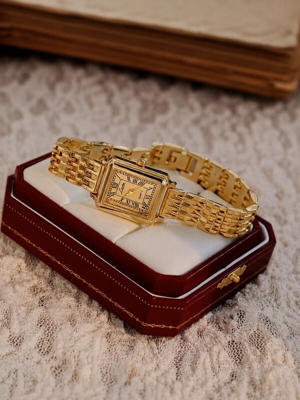 LSVTR 1 pieza Reloj de pulsera rectangular de tono dorado vintage de lujo para mujeres, elegante reloj de pulsera de cuarzo con esfera pequeña de números romanos, reloj para uso diario
