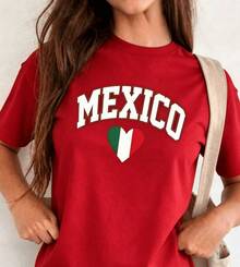 Women's Casual T-Shirt, Round Neck, Short Sleeve, MEXICO Print, Made In Mexico, Unisex Loose Fit Cotton T-Shirt With Short Sleeves And Round Neck, Vintage Urban Style - 紅色 - 查看 1
