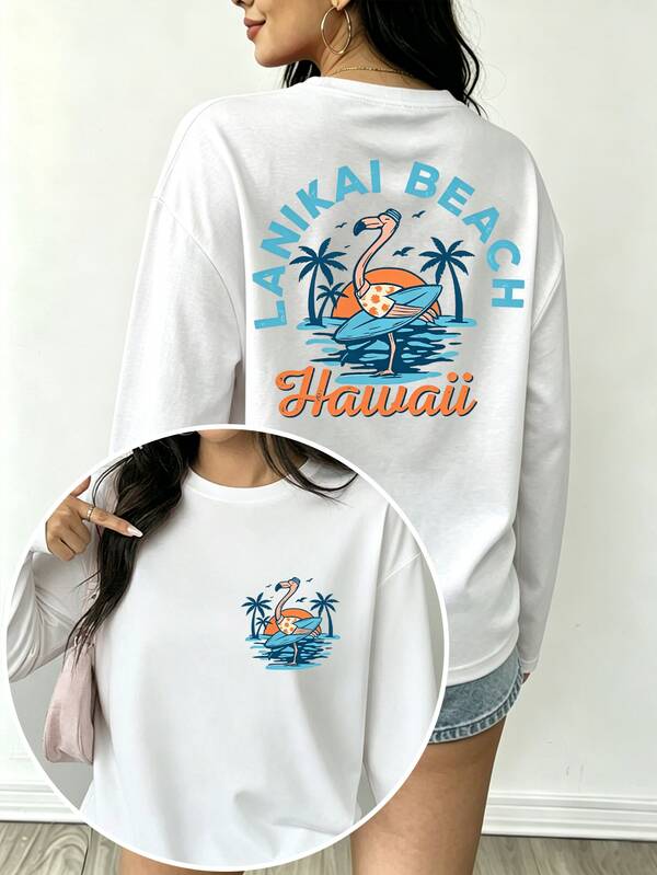 Top con patrón de flamenco hawaiano personalizado, camiseta de cuello redondo personalizable para mujer, esperando que la personalices para tus vacaciones
