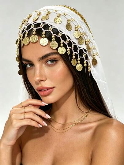 1pc Egyptian Style Women's Sequin Coin Tassel Chiffon Hip Scarf Mini Skirt And Headscarf, Adjustable Waistband Belly Dance Jazz Dance Hip Apron, Carnival Electronic Music Festival Nightclub Dance Performance Costume, Women's Beach Accessory