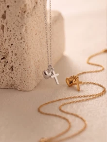 1 pieza Collar elegante con doble colgante de corazón y cruz, collar de corazón de acero inoxidable chapado en oro de 18K, joyería de boda en oro/plata, collar de corazón delicado para mujeres, regalo del Día de San Valentín, regalo de Pascua, regalo para amigos, joyería para adolescentes, resistente al agua y a la decoloración - Multicolor - Ver 2
