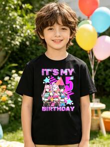 K-Pop Warriors Outfits For Girls, Girl's Clothing, Girlism Girls & Boys 5th Birthday K-Pop Number 5 Set - Soft And Breathable T-Shirt For 5-Year-Olds, Birthday Party And Casual Outfit, Short Sleeve Crew Neck T-Shirt, Parents' Favorite For 5th Birthday, Casual Graphic T-Shirt For Kids, Letter And Game Console Print, Short Sleeve Crew Neck, Spring/Summer - 黑色 - 查看 2