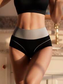 HOTCOM 1 pièce Culotte triangle femme taille haute en coton blocs de couleurs noir & gris, sous-vêtement décontracté confortable élastique moulant et respirant - Gris - Voir 3