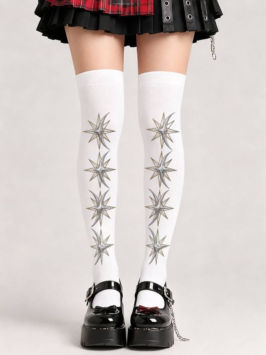 女款白色過膝襪,金屬感星月圖案,柔軟彈性長襪,適合 Y2K 風格穿搭 - 白色 - 查看 1