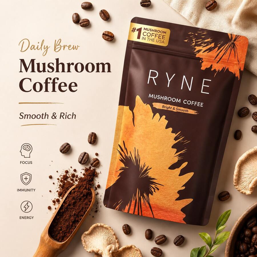 RYNE Mushroom Coffee Powder | #1 In The USA, Bright & Smooth Flavor - Premium Mushroom Blend For Focus & Balanced Energy, No Jitters, No Crash - 6.35 OZ (180 G) - View 1