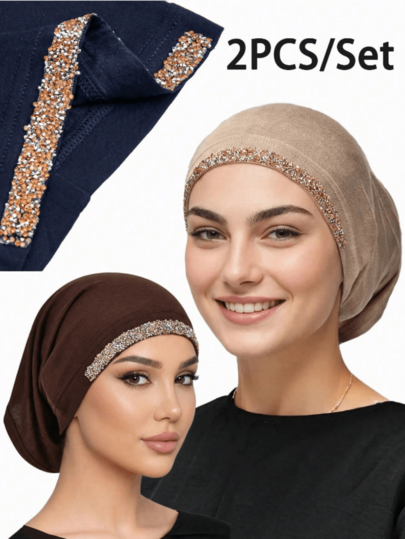 2pcs/Set Women's Sequin Muslim Shawl, Fashionable Minimalist Headscarf, Inner Lining Hair Protection Cap Islamic Style Knitted Headscarf, Sun Protection Shawl Hat, Multiple Colors Available, Suitable For Daily Wear In All Seasons