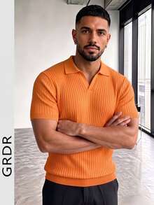 GRDR Men's Casual Solid Color Short Sleeve Ribbed Knit Sweater - Orange - View 10