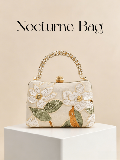 1pc Vintage Apricot Floral Beaded Evening Clutch, Rhinestone Wrapped Top Handle Satin Handbag, Romantic Bridal Shoulder Bag Suitable For Wedding Cocktail Party Events