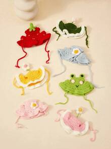 1pc Handmade Knitted Pet Hat, Dog/Cat/Frog Shape, Polyester Fiber Material, Fun Party Costume Headwear, Suitable For Small Cats - Multicolor - View 4