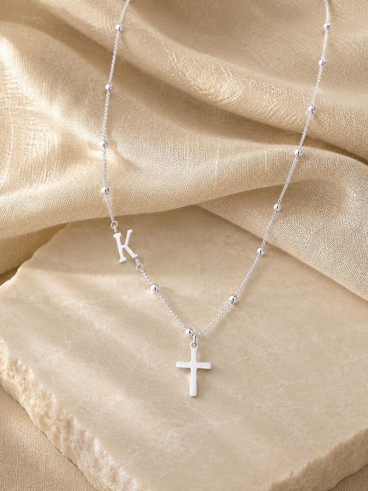 1 pieza Collar de cadena de oro/plata para mujer con colgante de cruz y dije de letra, joyería elegante con inicial, adecuado para uso diario - Multicolor - Añade 3
