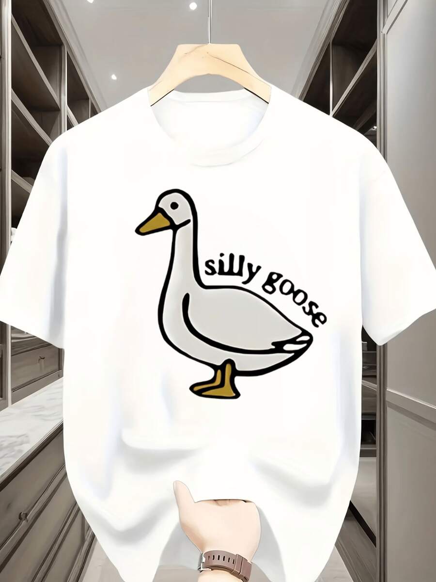 Barco local. Envíos a Alemania, Italia, Francia, España, Polonia | Camiseta de hombre | Camiseta con estampado de meme divertido 'Silly Goose', blanca, versátil, estilo relajado, cuello redondo holgado e informal para estudiantes. Gif perfecto - B - Ver 1