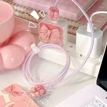 Cute Pink Bowknot Decorated Data Cable Protector, Compatible With Apple 18/20W Charger Protective Case, Data Cable Protector Bite Device - Pink - View 4