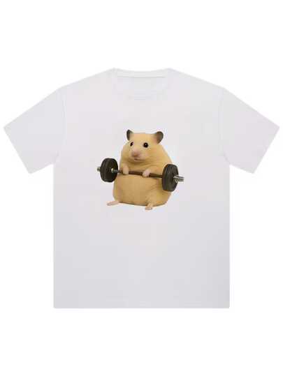 T-shirt homme mignon avec hamster soulevant des poids - style fitness amusant, doux et respirant, fibre de mode, col rond, manches courtes, t-shirt d'été, graphique excentrique