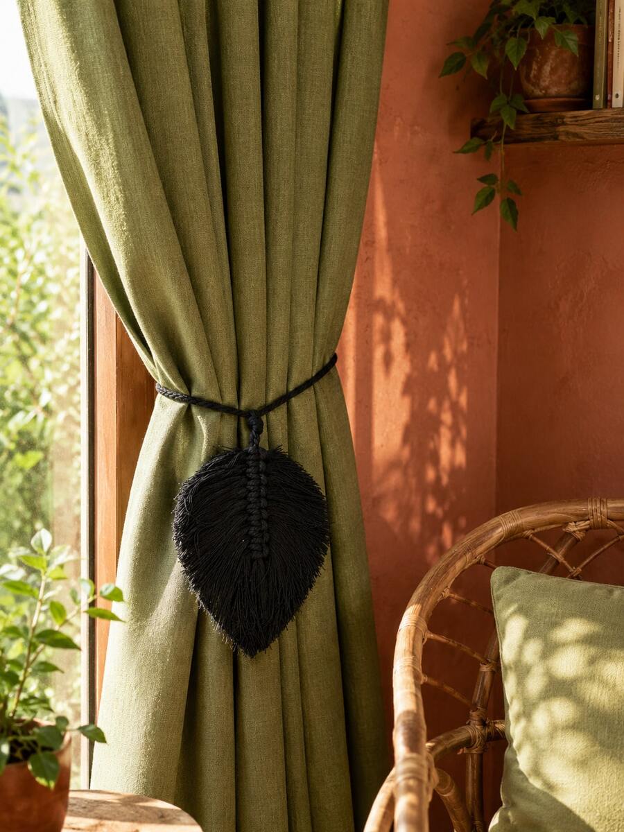 1pc Leaf Curtain Tieback, Bohemian Handmade Woven Curtain Holder, Hand-Knotted Leaf-Shaped Curtain Tieback, Bohemian Style Curtain Holder, Rustic Style Curtain Accessory, Tassel Leaf Curtain Decorative Tieback, Minimalist Bohemian Curtain Decor, Neutral Tone Curtain Holder, Suitable For Bedroom, Living Room, Children's Room, Kitchen, Country, Bohemian Style Interior Decor Home Curtain Accessory - Multicolor - View 1