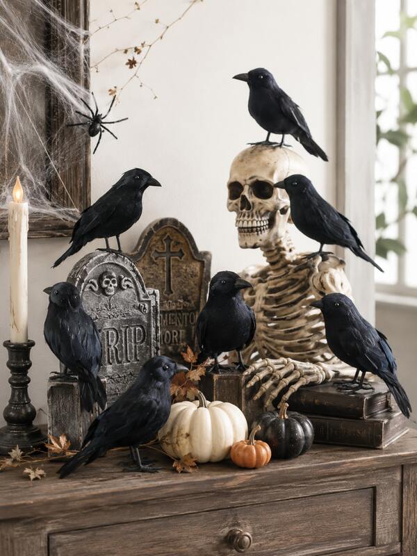 5/10 piezas/Decoración de cuervo negro de Halloween: Estatua de cuervo de plumas realista de 5 pies, perfecta para decoración con tema de bruja, casa embrujada, fiesta de Halloween y decoración espeluznante del hogar y jardín