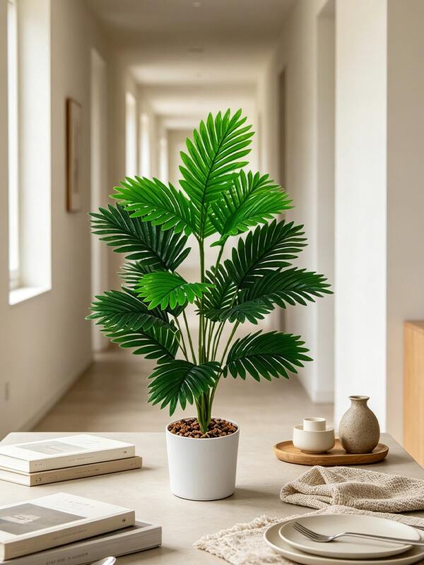 Artificial Fan Palm Leaf Branch, Tropical Faux Plant For Home And Office Decor, No Pot