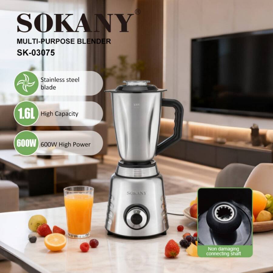 SOKANY 03075 家用榨汁機,多功能攪拌機,600W 高功率,4段速度控制,6葉榨汁杯 + 2葉研磨杯,適用於居家健康飲食及其他場景 - 銀色 - 查看 1
