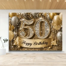1件 50歲生日派對背景布幔－聚酯纖維材質，黑金亮片氣球設計，適用於50週年慶祝－多功能攝影背景，室內外裝飾 - A - 查看 6